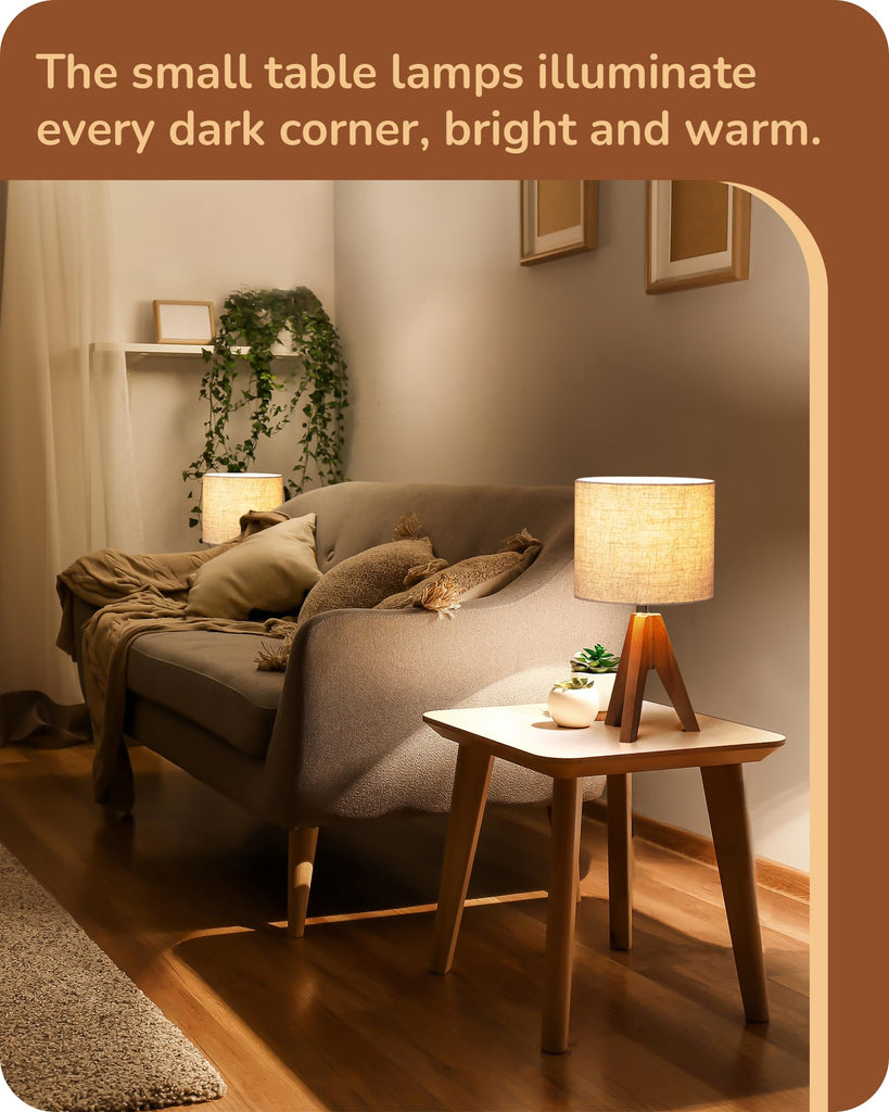 Small Table Lamp, Wooden Tripod Nightstand Lamp, 14.2", 2 Pack