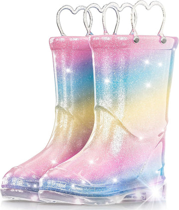 Toddler Rain Boots Girls Rain Boots - Glitter Light Up Kids Rain Boots with Easy-On Handles Lightwight Waterproof