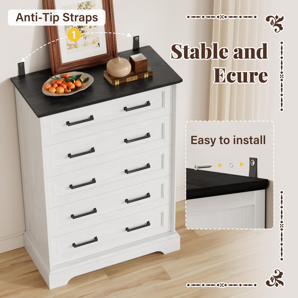 Farmhouse Dresser, 5 Drawers Dresser, White & Black