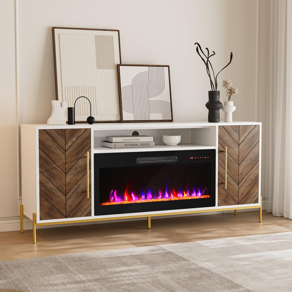 68" Harper TV Stand with 36" Electric Fireplace - White Ebony