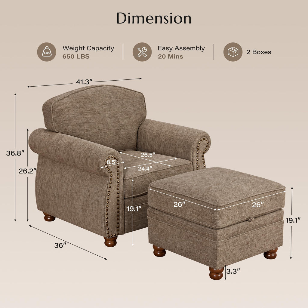 Traditional Accent Chair with Storage Ottoman, 41.3", Chenille, Light Brown