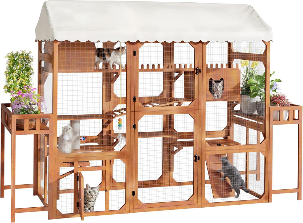 Large Wooden Catio Outdoor Cat Enclosure with Stands and Roof Multi-Platform Cat House with Scratching Posts