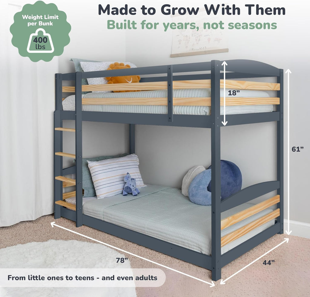 Low Bunk Bed Twin Over Twin with Unique Design for Kids and Toddlers