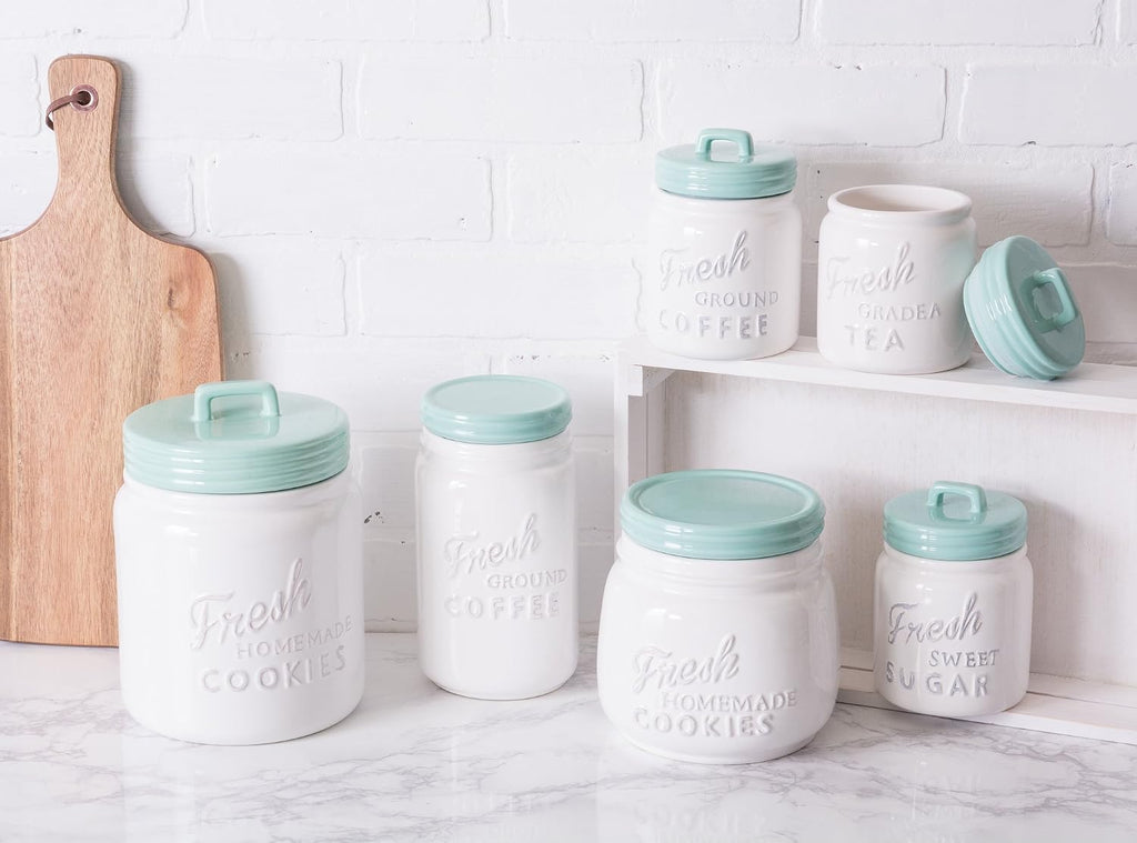 Kitchen Accessories Collection Ceramics, Jar Canister Set, Aqua, 3 - Set of 3