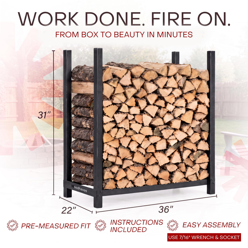 3-Foot Black Raised Firewood Rack w/o Cover, 1/8 Cord|Made in USA