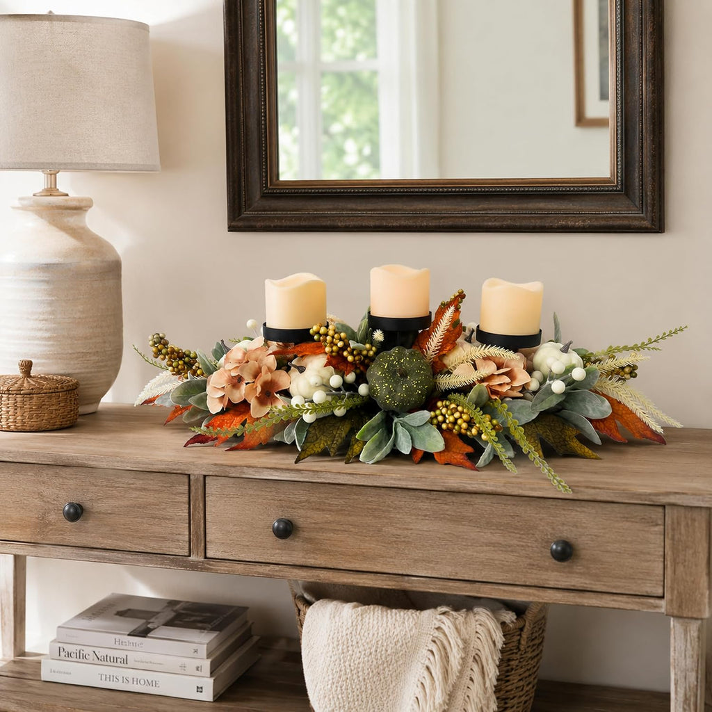 25 Inch Fall Candle Holder Centerpiece with Colorful Pumpkins