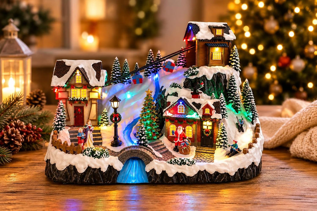 Animated Christmas Village Animated Ski Lift Resort, LED Lights, Spinning Tree