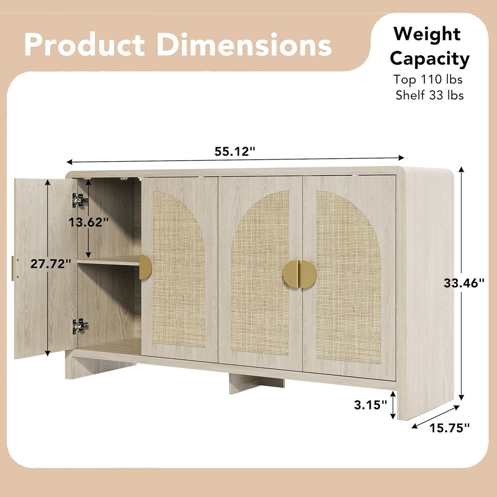 Rattan Sideboard Buffet Cabinet with Storage, 55" Accent Cabinet with Arch Doors & Adjustable Shelves