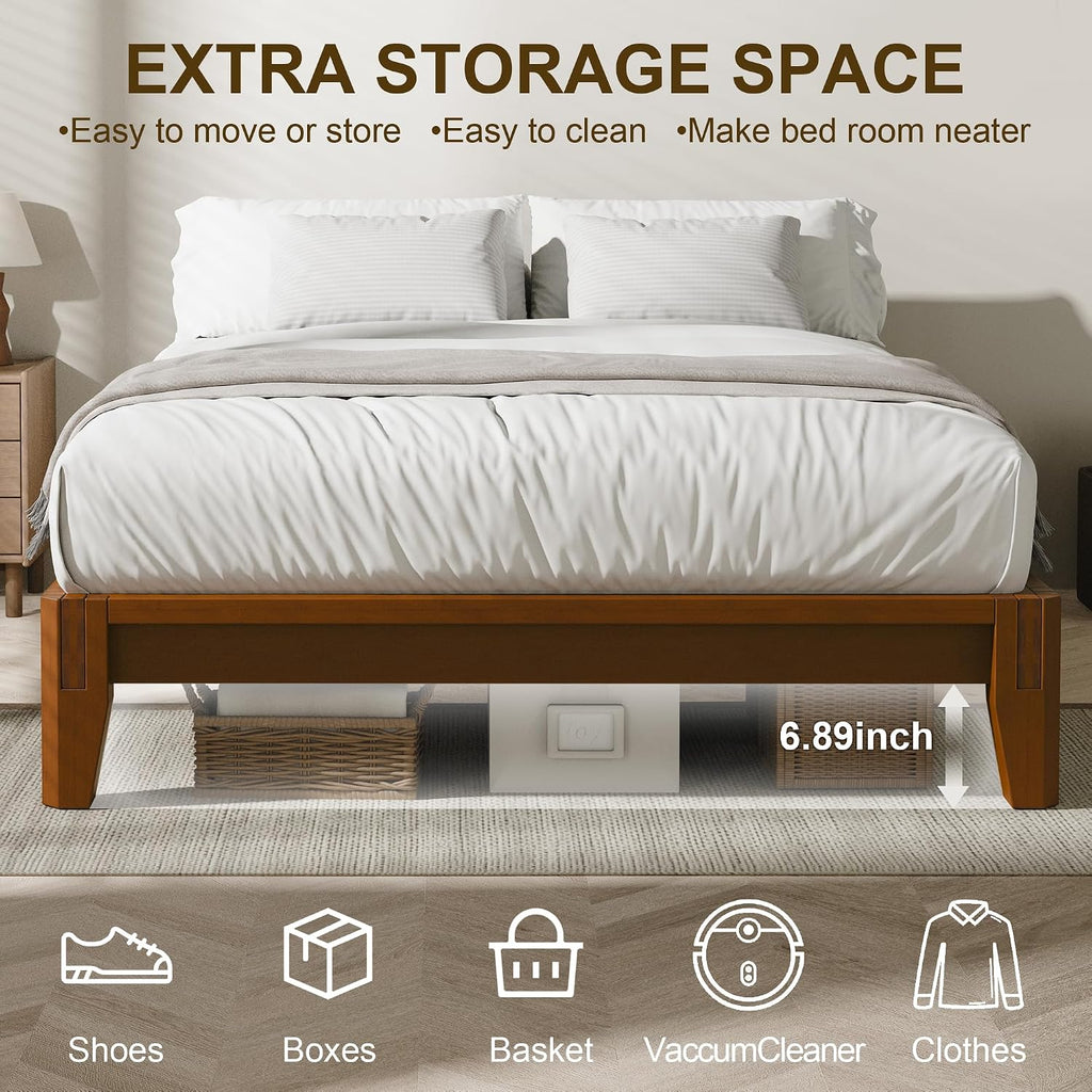 Queen Solid Bamboo Bed Frame, Japanese Joinery Platform Bed Frame(Walnut)