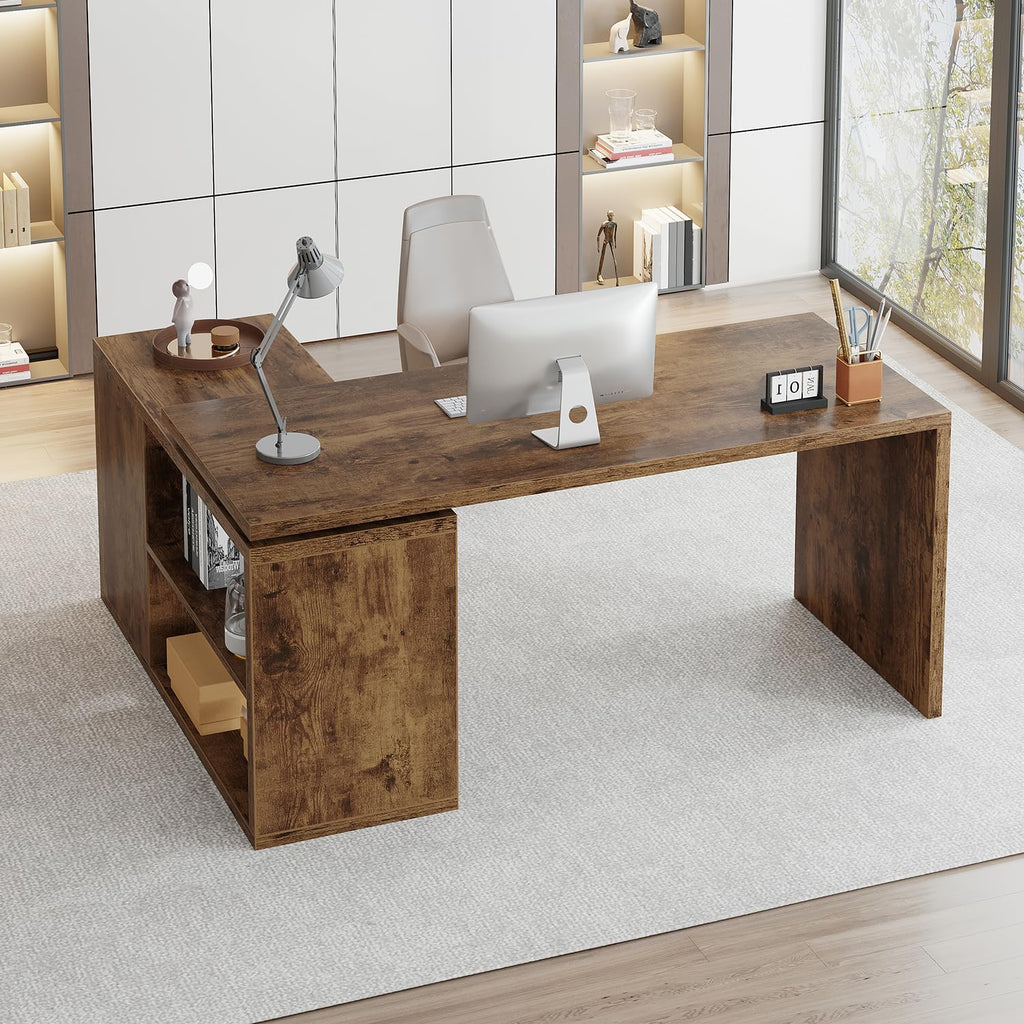 L Shaped Desk with Storage, Home Computer Desk, Rustic Brown, 55 Inch