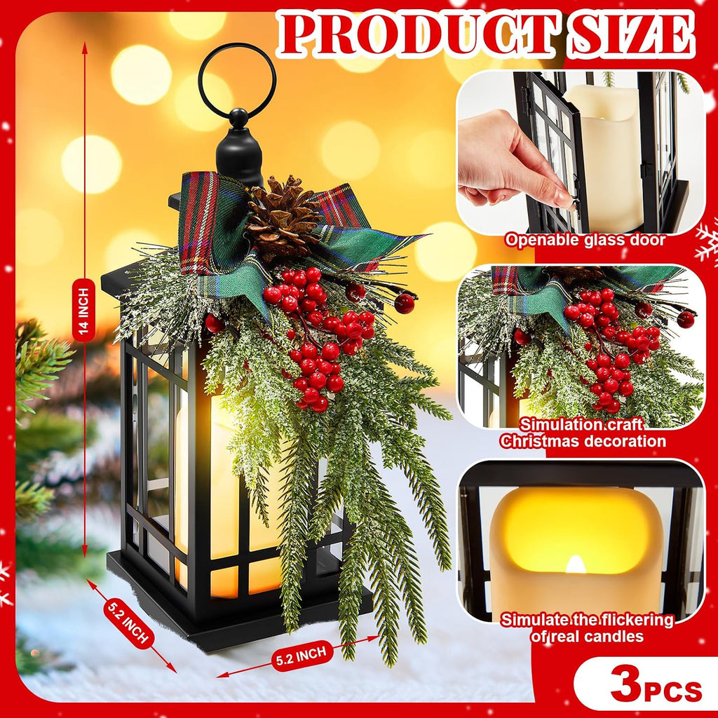3 Set 14 Inch Christmas Lantern with LED Flickering Flameless Candle