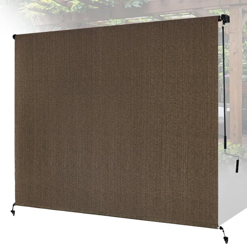 7'W x 6'H Mocha Patio Shades Roll up Outdoor Roller Shade Crank Wand Blind Cordless, 90% UV Blocking & Privacy Protection for Porch|Gazebo|Pergola|Backyard (2 Splicing Tube, 1 Fabric)