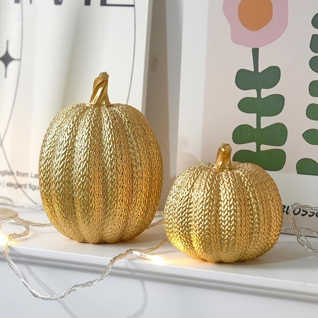 Pumpkin Fall Decor Indoor, Resin Gold Pumpkin for Decorating - Set of 2