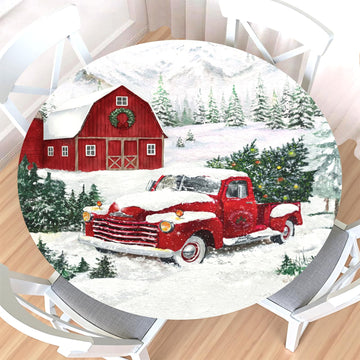 Christmas Round Fitted Tablecloth with Elastic Edge, Water-Resistant Wipeable Winter Snow Red Truck Farmhouse Xmas
