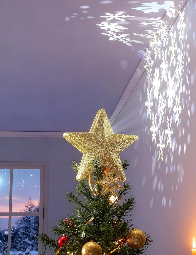 Christmas Tree Topper Lighted Star with Snowflake Projector, Gold