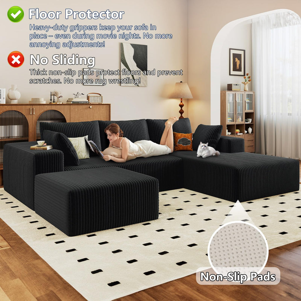 96" Boneless Couch with Ottoman, Modern U Shaped Cloud Sectional Couch