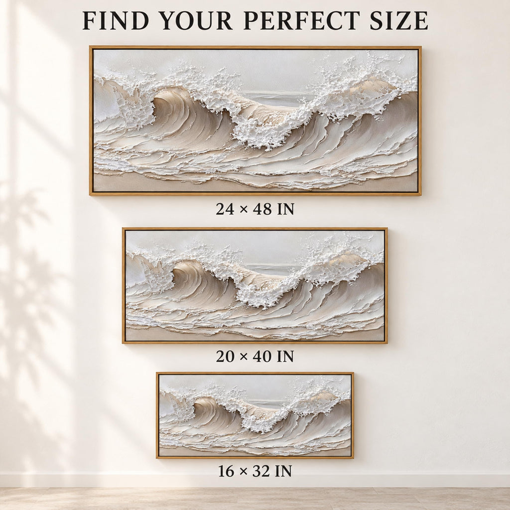 Neutral Ocean Wave Wall Art, Framed Textured Canvas, 16x32 Inch