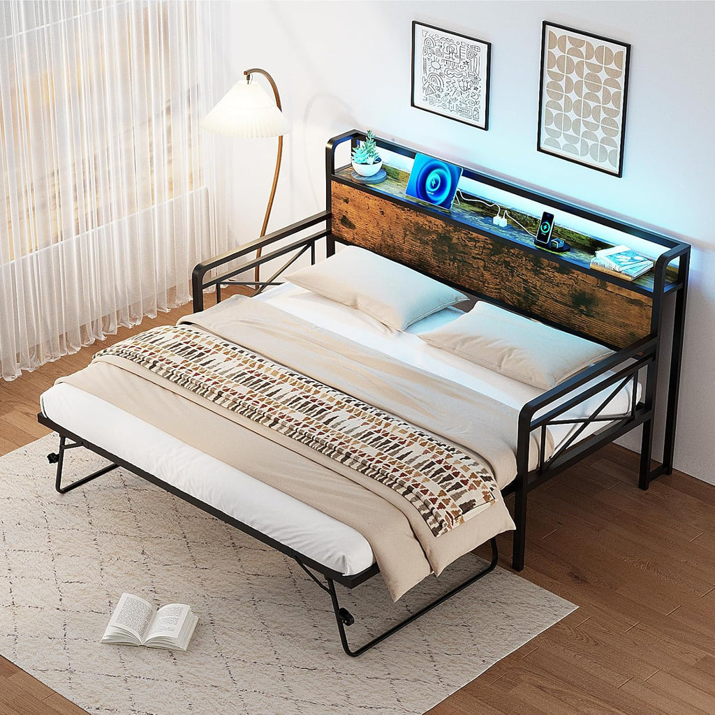 Daybed with Trundle Twin, Metal Daybed Frame with Pop-up Trundle Bed and Charging Station,Day Bed with Wooden Storage