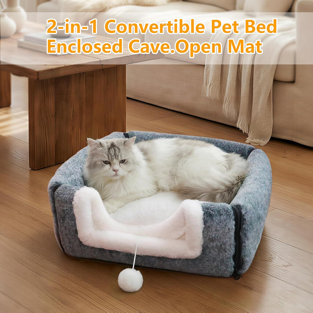 Cat Bed for Indoor Cats,2-in-1 Convertible Cat Bed & Cave,Foldable Washable Cat House,Soft and Thick Removable Inner