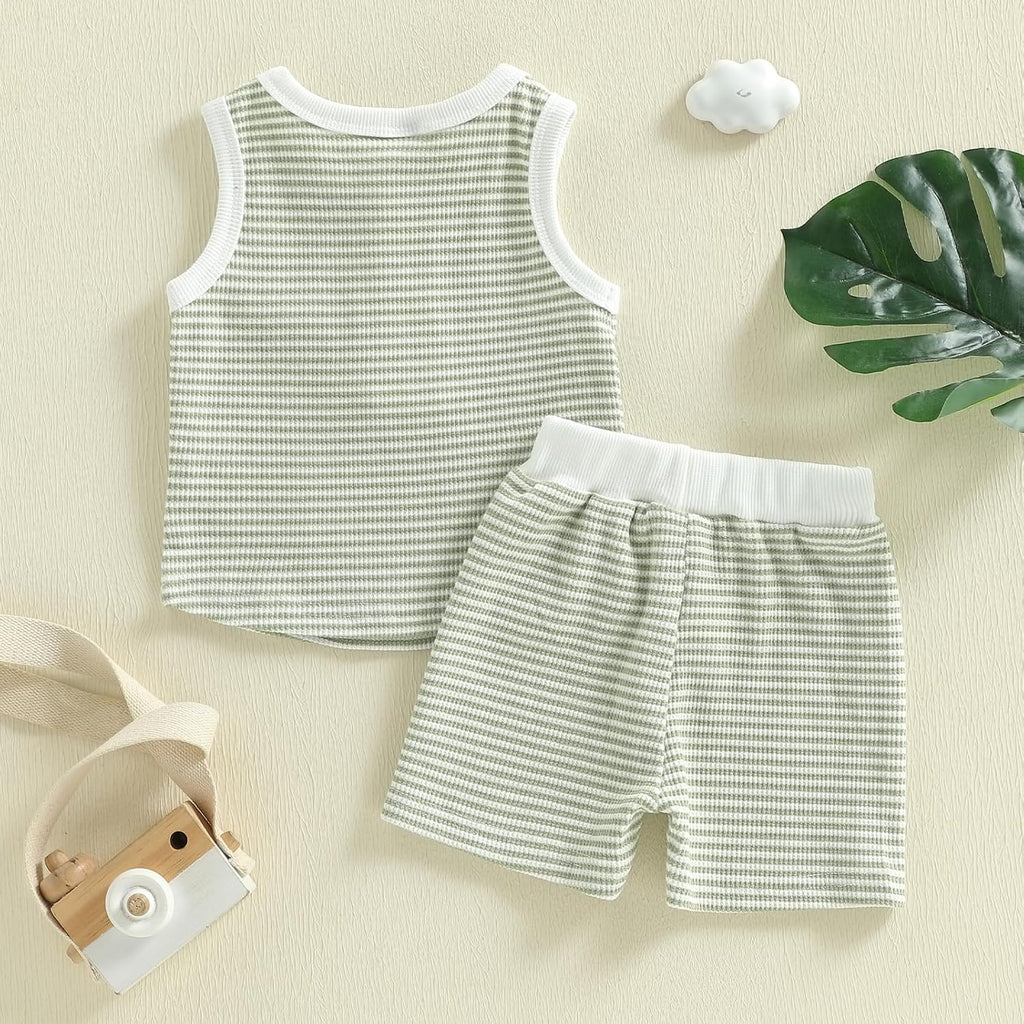 Toddler Baby Boy Stripe Waffle Sleeveless Shirt Shorts Set