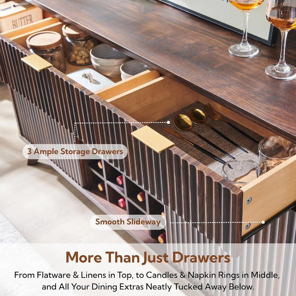 60" Fluted Wine Bar Cabinet, Mid-Century Modern Sideboard, Dark Walnut | 3 Spacious Drawers, 3 Stemware Racks, 12