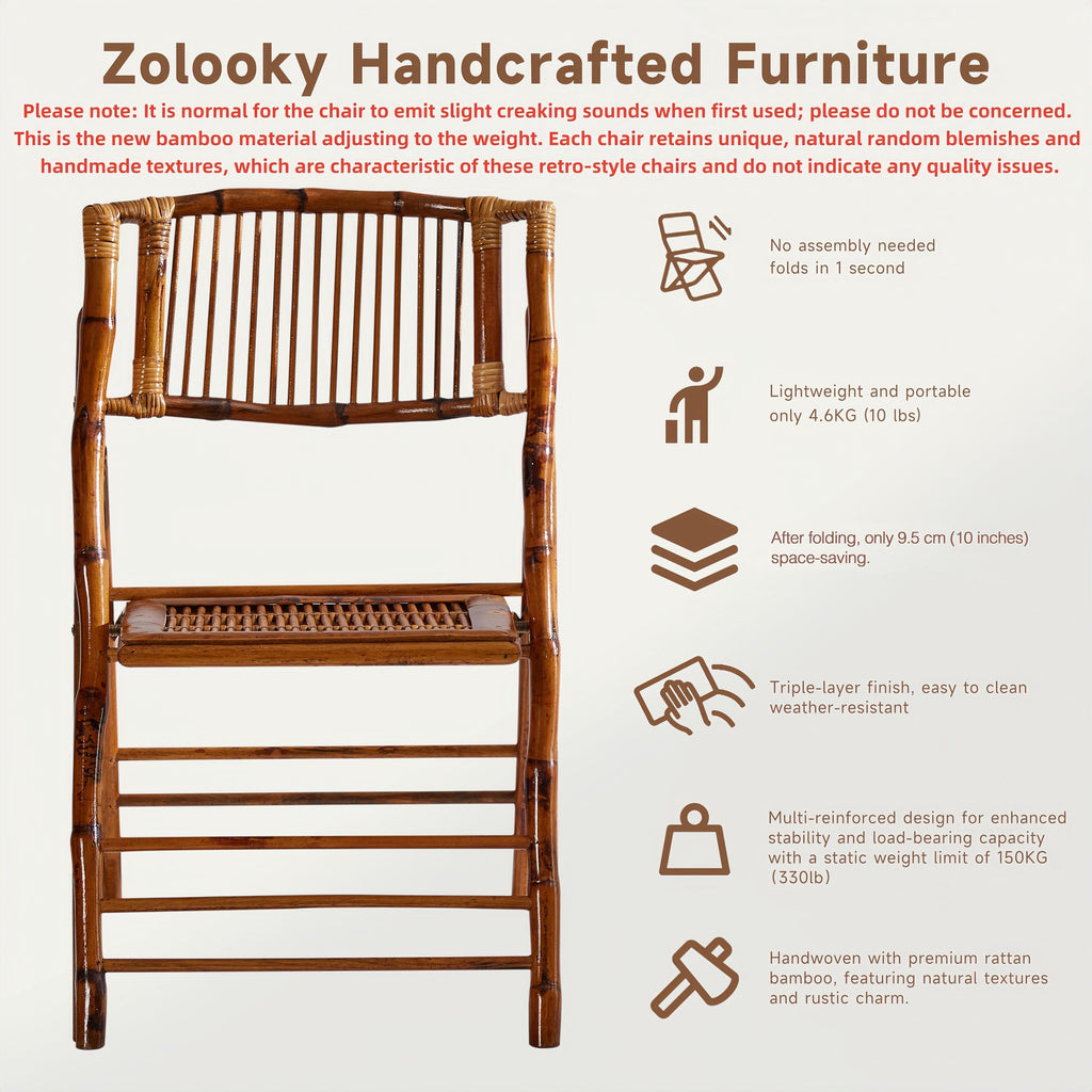 Bamboo Folding Chair, Completely Upgraded Foldable Vintage Dining Chair with 330lb Handcrafted Patio Garden Balcony