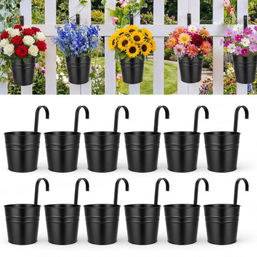 Hanging Flower Pots, Railing Planter Box for Outdoor Plants 12 Pack 5 Inch Metal Hanging Planters with Detachable