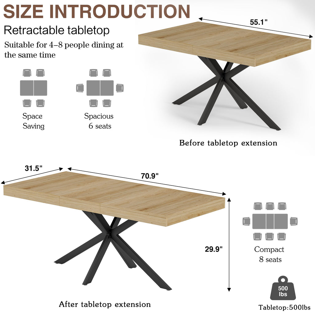 Extendable Dining Room Table for 4 6 8, 55"-70" Kitchen Table Leaf, Oak
