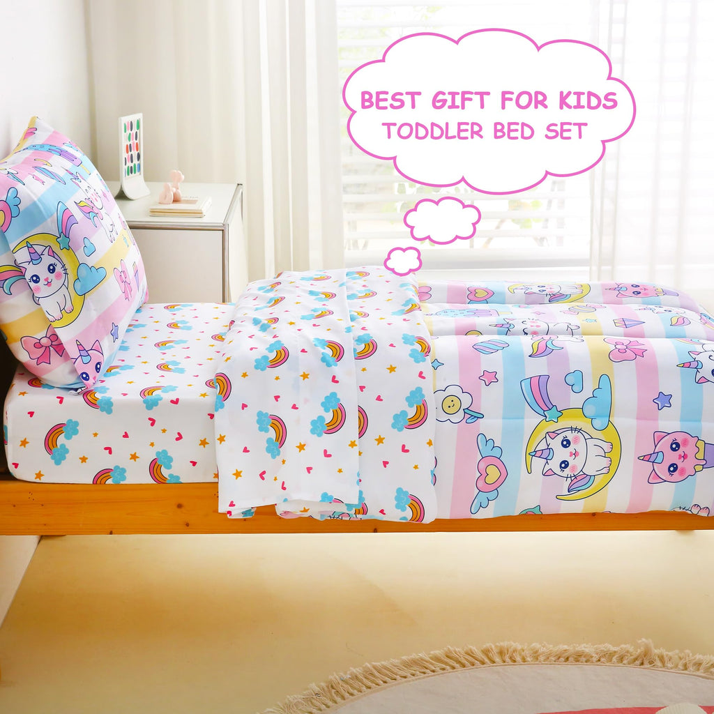 Toddler Bedding Sets for Girls,4 Pieces Cat Rainbow Printed