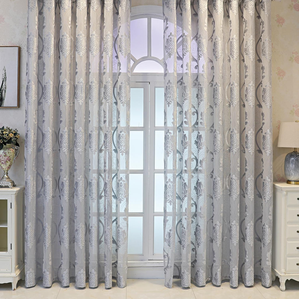 Grey European Floral Sheer Curtains, Retro Damask Pattern Voile Drapes, Light Filtering Window Treatment, 2 Panels