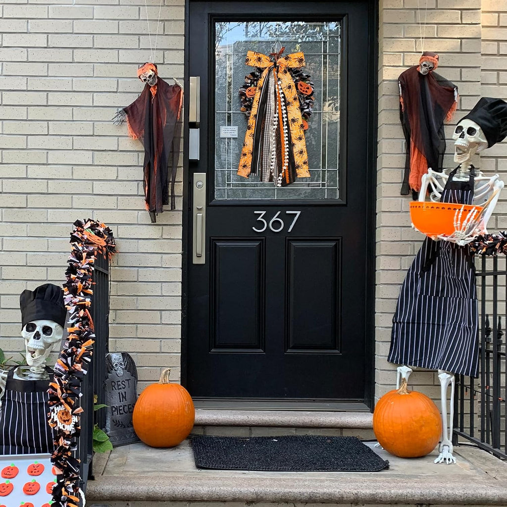 Large Halloween Ribbon Bow for Wreath, Orange Spider Web Fabric Ribbons Set Assorted Ribbons Black White Stripe Plaid
