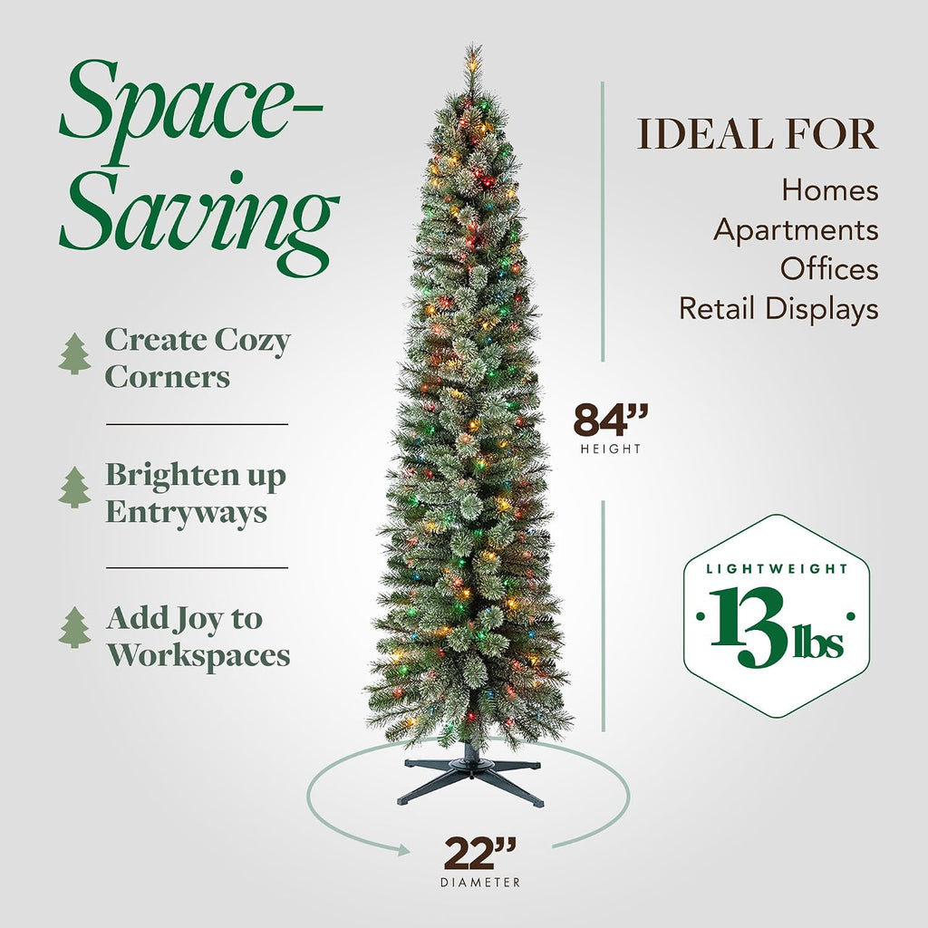 Stanley Slim Pre-Lit Pencil Christmas Tree - Artificial Pine with 350 Multicolor Incandescent Lights and 335