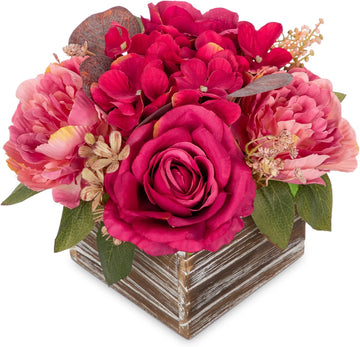 Flower Arrangement with Wooden Vase 8" Artificial Flowers in Pot - Fake Flowers Roses Peonies Hydrangeas in Wooden