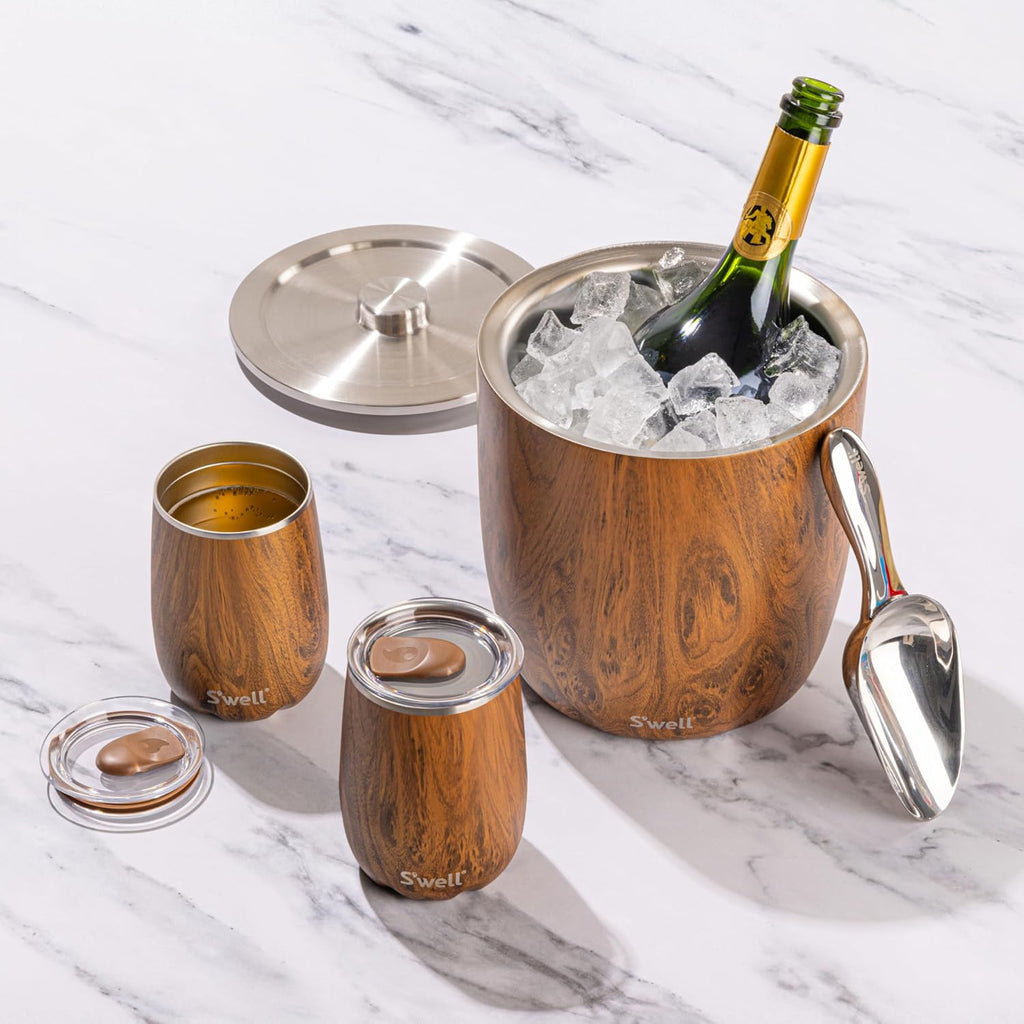 Stainless Steel Ice Bucket XL, 100oz, Teakwood, Includes Lid And Scoop, Triple Layered Vacuum Insulated Container
