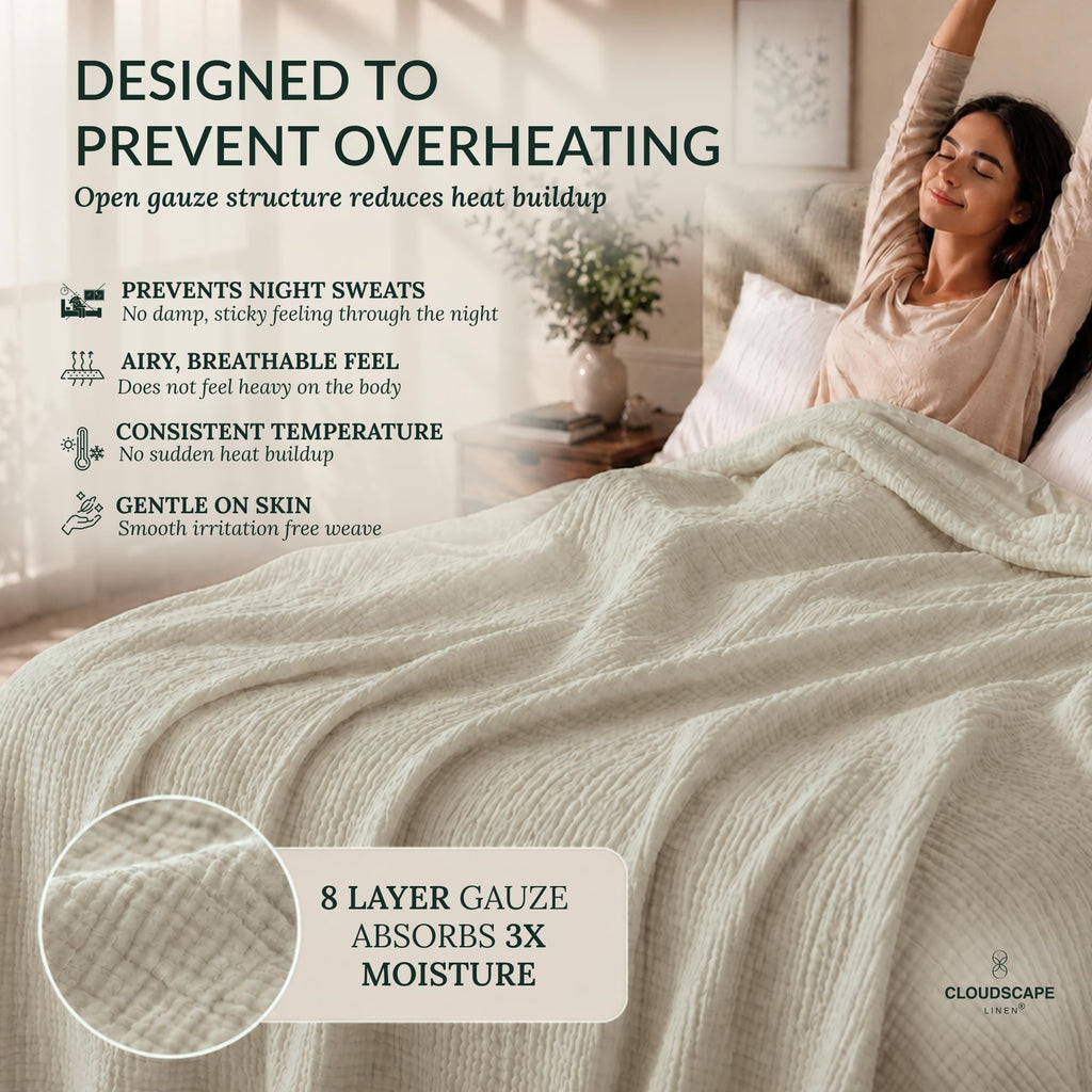 8 Layer 100% Cotton Muslin Bed Blanket Queen Size 92"x92" - Fog