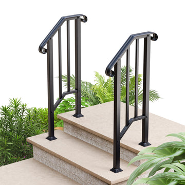 2 Pack 2 Step Handrails for Outdoor Steps, Wrought Iron Stair Railing Fits 1 or 2 Steps, Metal Hand Rail with