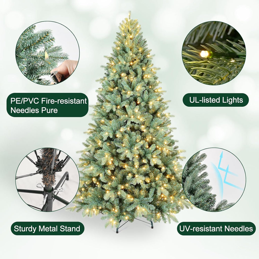 Prelit Artificial Christmas Tree, Blue Spruce Xmas Tree with Lights & Easy Setup Hinged Design, Realistic PE/PVC