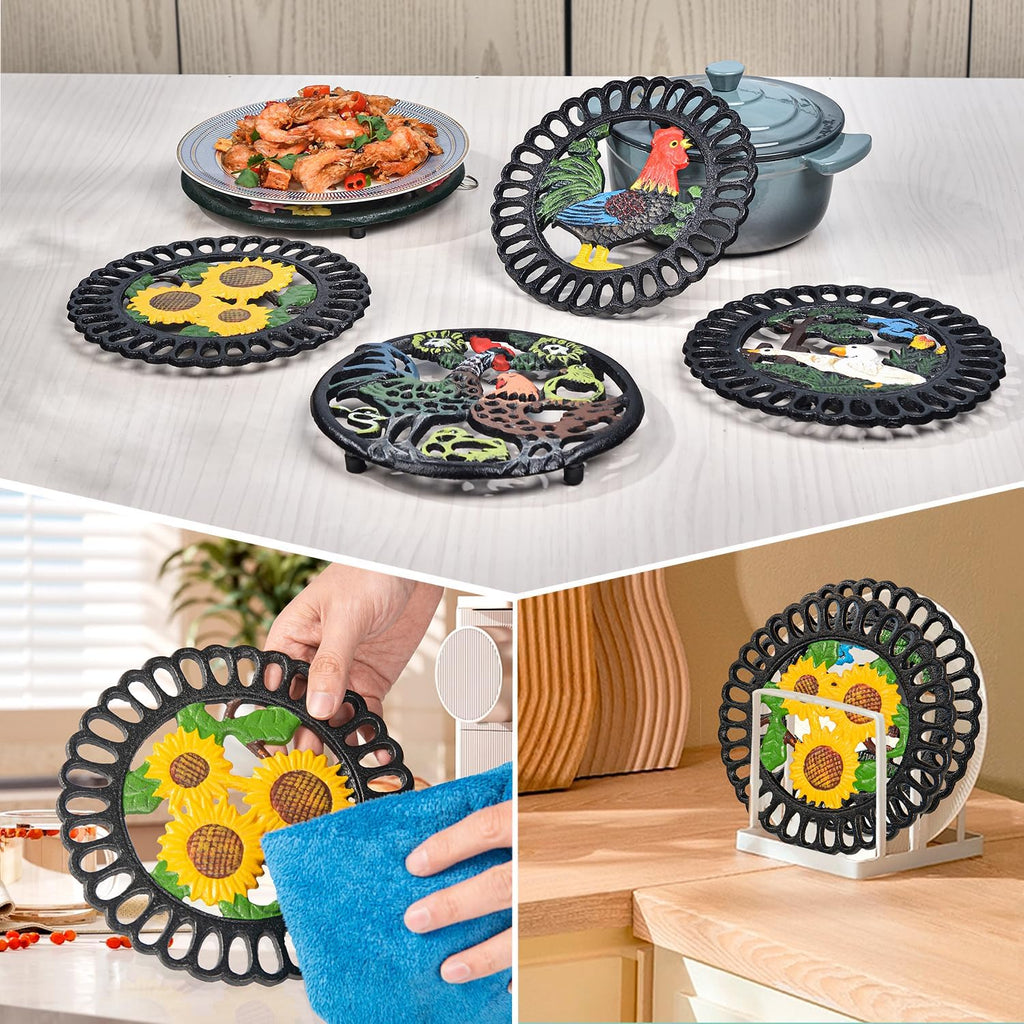 Heavy Duty Cast Iron Trivet,Decorative Painting Trivet or Dinning Table,7.5x7.5 Inch - Round with Vintage Lovely