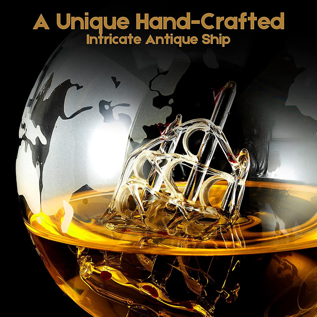 Whiskey Decanter Globe Set, Gifts for Men Husband Boyfriend Dad, with 4 Etched Whiskey Glasses, 4 Ice Cubes, Tong &