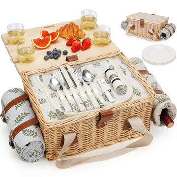 Picnic Basket for 4, Handmade Wicker Picnic Set with Folding Table and Waterproof Blanket, Large Insulated Picnic