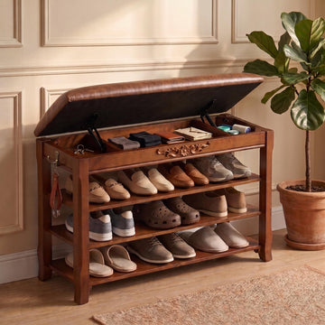 Solid Wood Shoe Rack Bench Entryway Storage with Leather Cushion, 31.5"