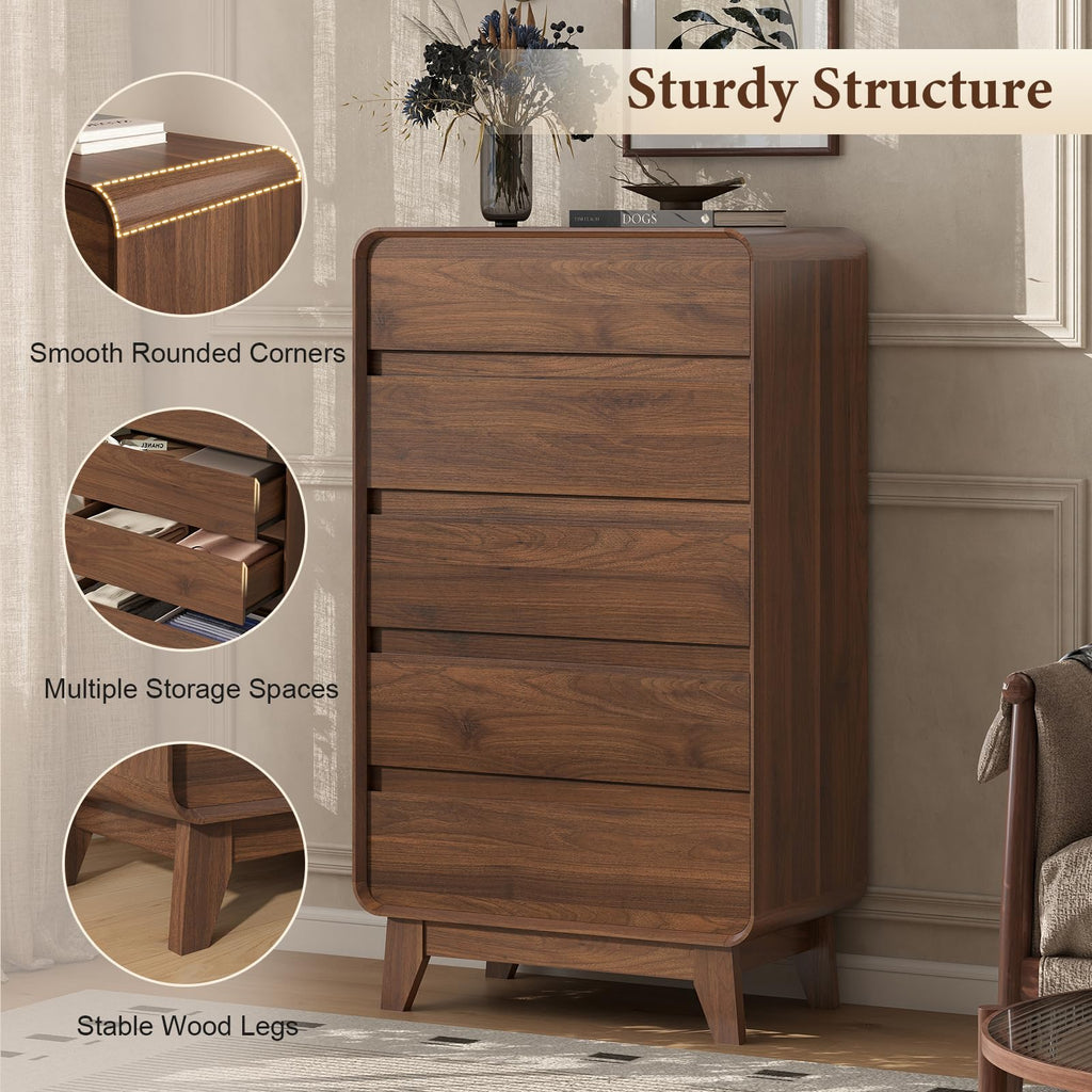 5 Drawer, Mid Century Modern Tall Chests of Drawers, Wood Storage Drawer Dressers, Walnut