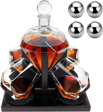 Diamond Whiskey Decanter Set, Diamond Decanter Set with 4 Glasses 4 Whiskey Stones, Decanter Whiskey Set Gifts for Men - Set of 4