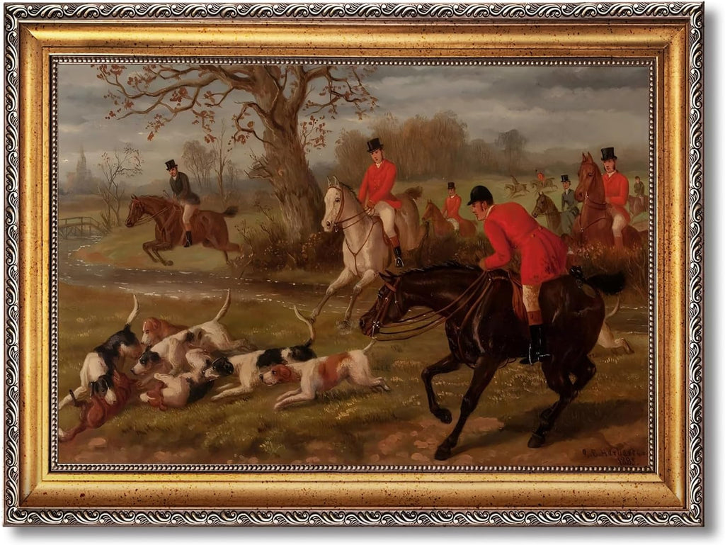 Retro Framed Vintage Equestrian Fox Hunting Wall Art Classic 19th Century Sports Oil Painting Reproduction Posters