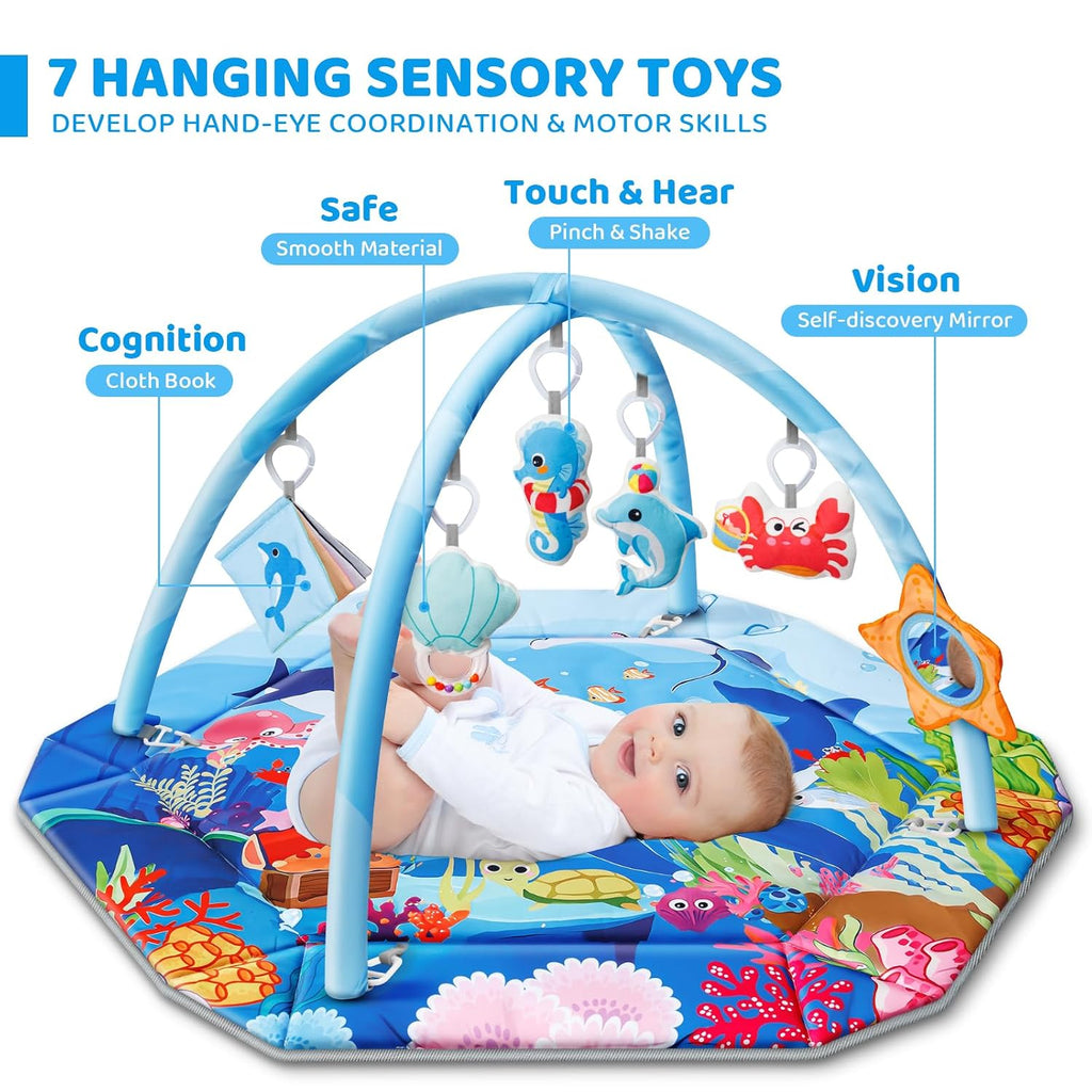 Gym Play Mat, in-1 Ocean Theme Tummy Time Mat & Ball Pit, Washable Baby Activity Play Mat for Visual, Hearing