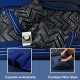 Luxudecor Blue Comforter Set King, 7 Pieces Stripe Geometric Bed in a Bag, Geometric Comforter and Sheet Set