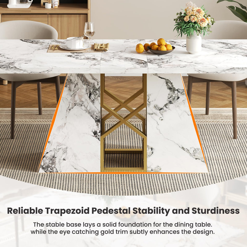 71 Inch Modern White Dining Table for 6-8 People, Large Faux Marble Kitchen and Dining Room Table, Rectanglar Dinner