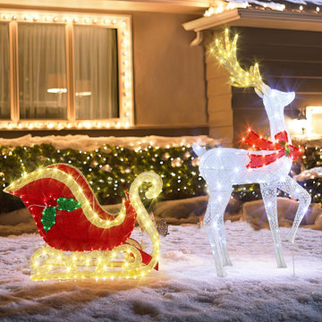 5.4 FT Christmas Lighted Reindeer & Santa's Sleigh Set Decorations