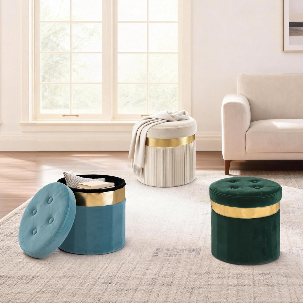 Small Ottoman with Storage, Folding Round Ottoman with Gold Trim, Velvet Storage Stool, Foot Stool with Soft Padded, Foot