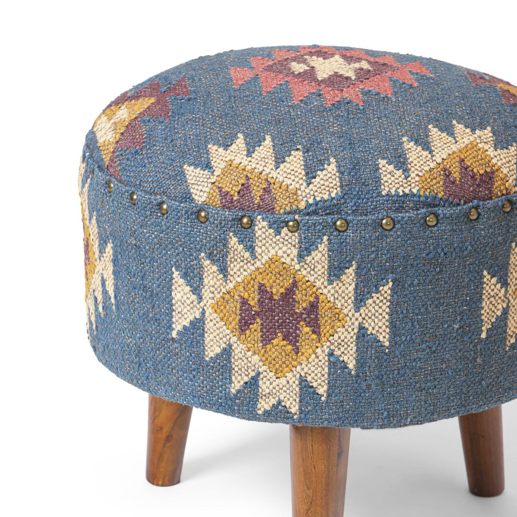Handmade Kilim Jute Pouf Ottoman Stool | Round Upholstered Seating with Acacia Wood Base | Decorative Foot Rest &